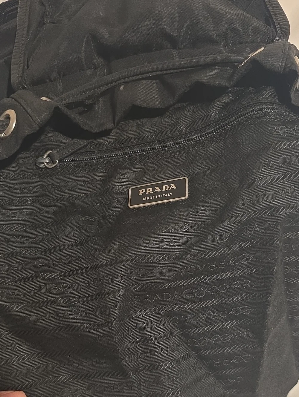 Prada Black Nylon Drawstring Backpack with Leather Trim